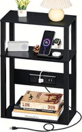YUFAM 3-Tier Small Narrow Wood Side Table with Charging Station, Skinny Nightstand for Small Space, Slim Bedside Table with Storage for Couch, Thin End Table with USB Ports and Outlets, Black