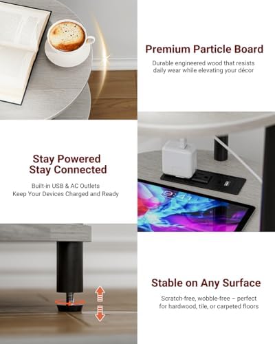 XBurmo Small Round End Table - 3 Tier Design Accent Table, Narrow Side or Bedside Stand, Industrial Vintage Table for Small Spaces, Built-in USB Ports and Power Outlet, Greige