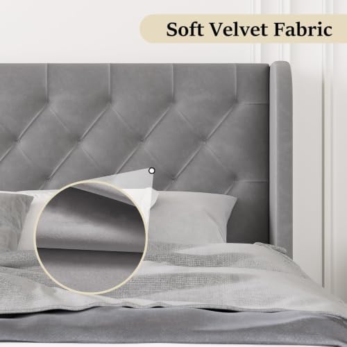 HOMBCK Full Size Bed Frame with Velvet Upholstered Headboard, Grey