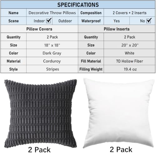 2 Pack Corduroy Decorative Throw Pillow with Inserts, 18x18 Inch Soft Boho Throw Pillow, Square Striped Throw Pillows for Couch, Bed, Sofa Decor (Dark Gray, 18" x 18" (with Inserts))
