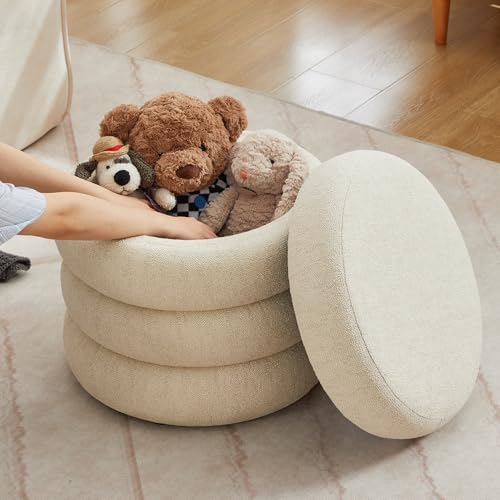 Compact Round Linen Ottoman with Storage, Small Tufted Vanity Stool for Dorm, Modern Storage Ottoman with Removable Lid for Entryway and Lounge, Beige