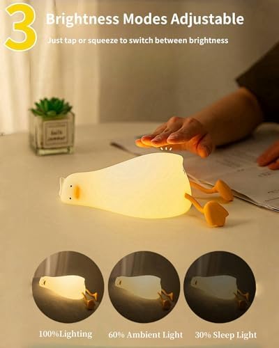 Lying Flat Duck Night Light for Kids, Cute Squishy Silicone Duck Lamp, Rechargeable Bedside Light with Tap Control, 2 Brightness Levels, 30-Min Auto-Off Timer, Room Decor Gift