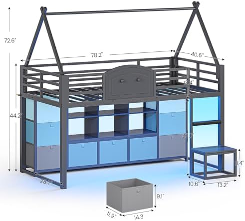 Twin Size Low Loft Bed with 9 Storage Drawers, Bookcase and LED Lights, House-Shaped Metal Twin Loft Bed with Step Stool and Safety Guardrail, Kids Loft Bed with Under-Bed Play Space, Grey