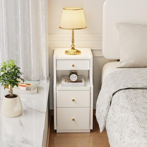 AQIMUELE Solid Wood Narrow Nightstand with 3 Drawers,Creamy White 11.8"