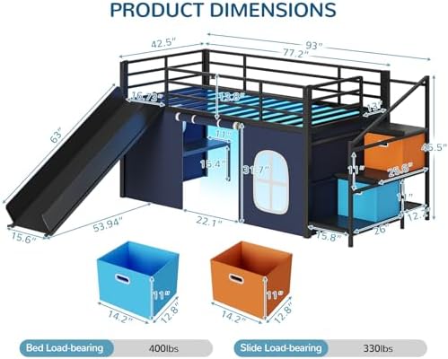 Twin Low Loft Bed with Slide and Safety Staircase, 2 Storage Drawers, Kids Twin Size Loft Bed with LED Lights, Under-Bed Play Tent, Built-in Desk, Metal Loft Bed with Safety Guardrail, Black and Blue