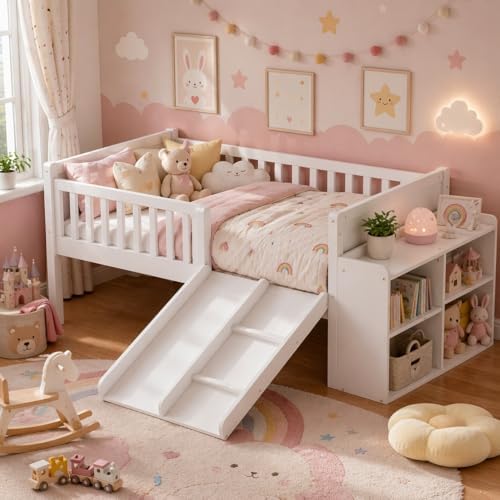SOFTSEA Twin Size Kids Low Loft Bed with Slide, Wood Loft Bed Frame with Storage Shelves and Guardrails for Boys Girls, White