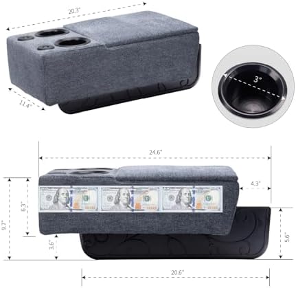 Removable Sofa Armrest, Dual Cup Holders Large Size Multifunctional Couch Caddy Storage Arm Rest with Power Wireless Charging Stand & LED Reading Light for Sofa Middle Seat Adjustable