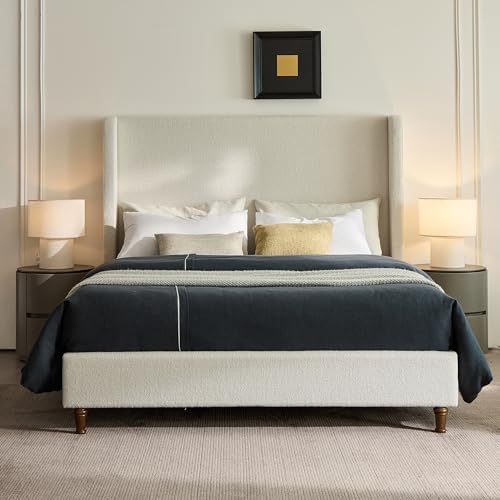 Queen 54" Harper Tall Headboard Wingback Upholstered Platform Bed Frame Premium Elegant Simplicity for Bedroom Strong Wood Slats Support No Box Spring Needed No Noise Cream White Boucle