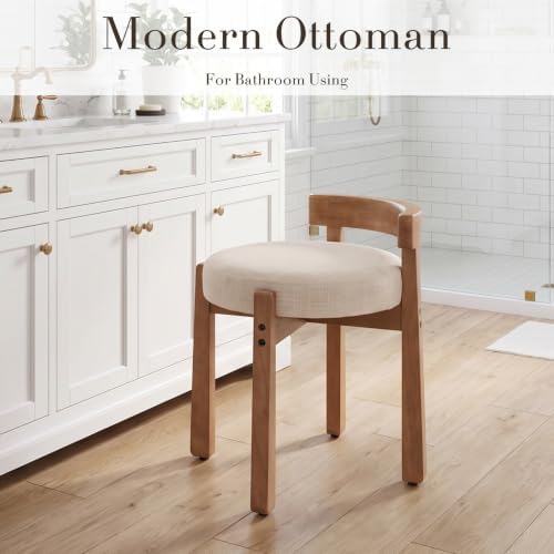 Ya-Home Modern Vanity Chair Upholstered Small Ottoman Footstool, Make Up Stool Linen Fabric with Backrest Wooden Frame for Living Room Bedrooms, 1PC, Beige
