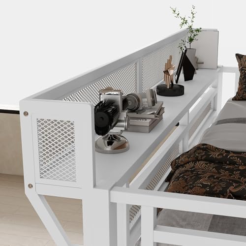 Twin Size Metal Loft Bed Frame with Convertible Staircase, White