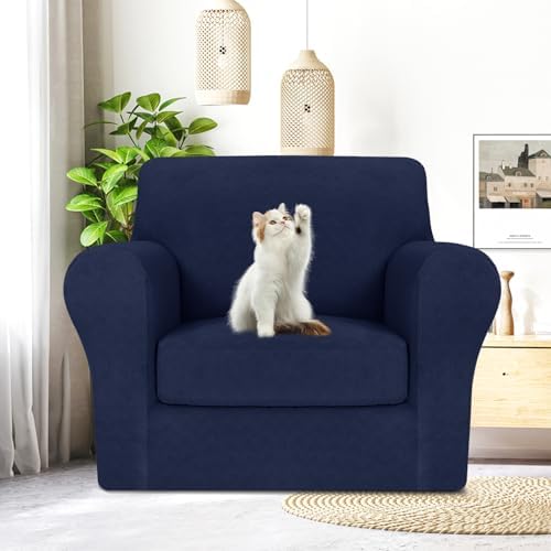MAXIJIN 2 Piece Chair Covers Chair Slipcover with Arms, Sofa Chair Cover for Living Room Armchair Cover, Stretch Pet Dog Slip Cover for A Chair with 1 Cushion (31"-46", Navy Blue)