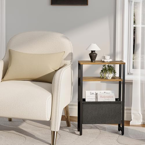 Narrow Side Table, Slim End Table with Magazine Rack, Skinny Bedside Table for Small Spaces, 3 Tier Sofa Couch Table Nightstand for Living Room, Bedroom, Walnut Brown LET503BR