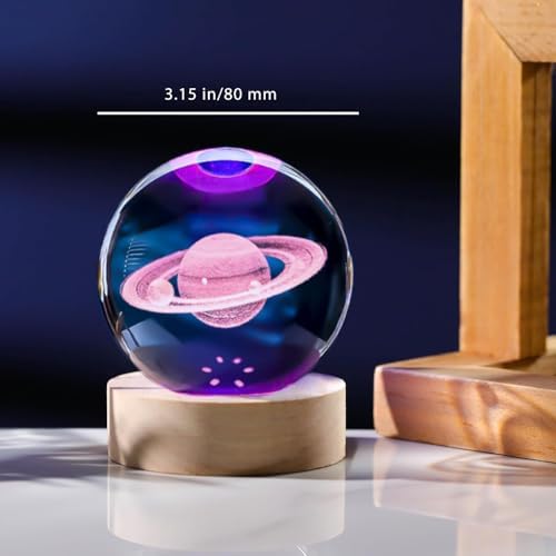 3D Saturn Crystal Ball with LED Stand, Remote Control, 16 Colors Change, Crystal Saturn Sphere Lamp, Decorative Glass Ball Paperweight Gifts(80mm)