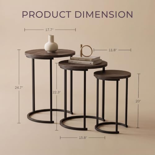 Lavish Home Round Nesting Tables Set of 3, Woodgrain-Look Top, Gray-Brown