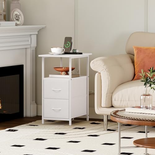 Somdot End Table Set of 2 with Charging Station, 2 Drawers, Slim Side Table