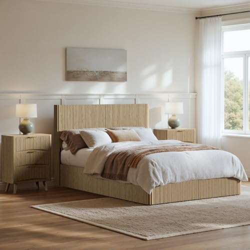 Evermagin Queen Bedroom Set, Storage Bed Frame & 3-Drawer Nightstands, Oak
