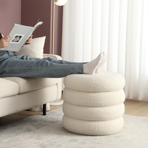 Boucle Ottoman with Storage, Small Round Footrest Stool for Living Room Bedroom, Upholstered Sherpa Vanity Seat with Removable Lid, Modern Comfy Foot Stool for Couch Entryway, Off White