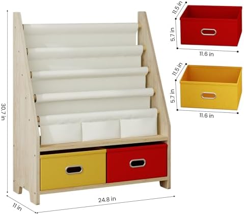 EXPERLAM 4 Tier Kids Book Shelf, Wooden Kids Book Rack Storage Bookshelf with Toy Storage Organizer, Toddler Sling Bookshelf for Boys, Girls, Play Room, Nursery, Red/Yellow