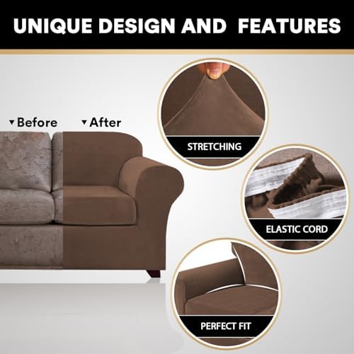 PrinceDeco Couch Cover Velvet Plush Sofa Covers for 2 Cushion Couch Width Up to 90 Inch Washable Furniture Protector Pet Friendly No Slip Sofa Slipcover(Medium-Large, Caramel)