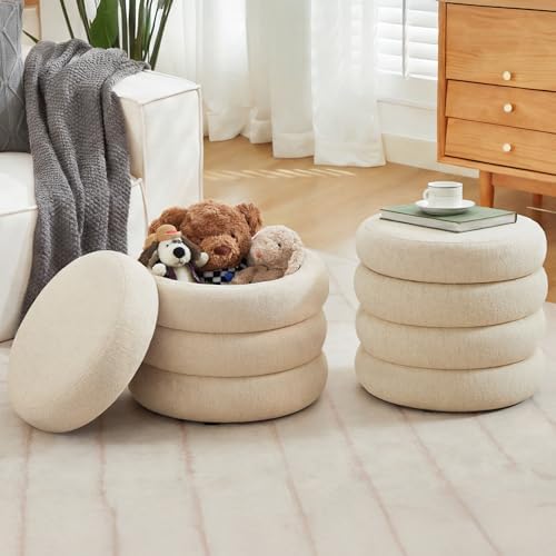 Linen Ottoman Set of 2, Round Tufted Storage Ottoman Pair, Modern Cream Ottoman with Removable Lids for Lounge and Dorm, Beige Set