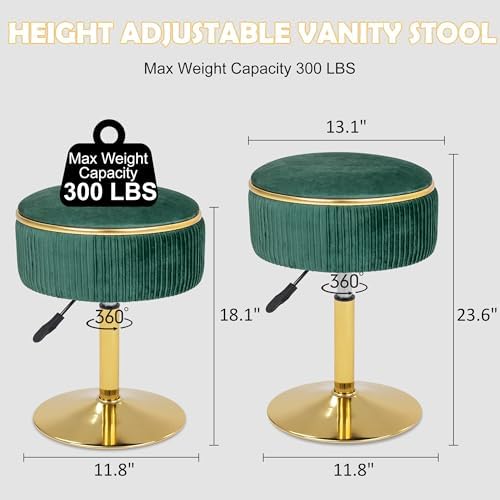 Adjustable Vanity Stool, Velvet Makeup Stool with Storage Green