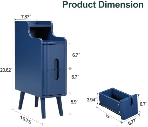 Narrow Nightstand, Wood 2 Drawer Small Nightstand, Slim Side Table, Modern Skinny End Bedside Table, Natural Wood Night Stand with Drawers for Bedroom (Blue-1 pc)