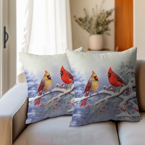 Cardinal Birds Throw Pillow Cover Winter Sweet Bird Pillowcase 18x18 Inch Set of 2 Christmas Holiday Cushion Covers for Home Patio Sofa Bedroom Decor