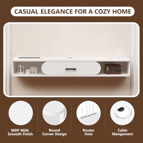 GHC Floating TV Stand, 55'' Wall Mounted TV Cabinet, Floating Shelves with Door, Media Console for DVD Player, Space-Saving Under TV Shelf for Bedroom & Living Room (White)