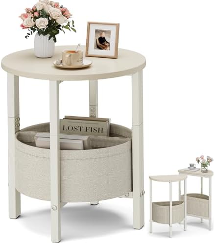 Vagusicc Small Round Side Table End Table, Tall Accent Table with Storage Basket, Set of 2 Half Round Tables Half Moon Tables, Coffee Bedside Tables, Modern Nightstand for Living Room Bedroom, Cream