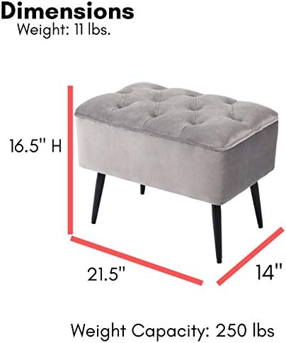 BIRDROCK HOME Rectangle Tufted Velvet Ottoman Foot Rest - 21.5x14x16.5” Small Foot Stool with Legs - Upholstered Padded Footrest Modern Ottomans for Living Room Furniture, Bedroom Footstool (Grey)