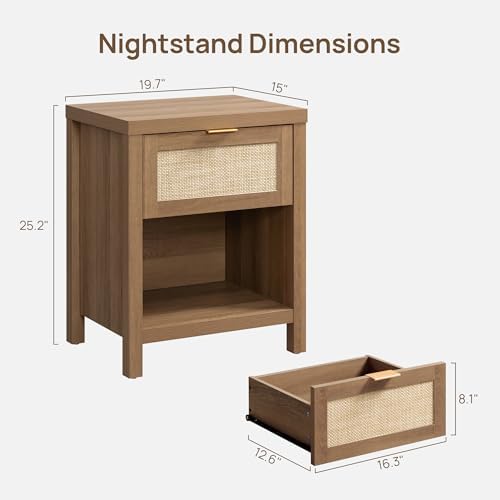 SICOTAS Night Stand Set 2 Rattan Nightstands with Drawer 19.7" Wide