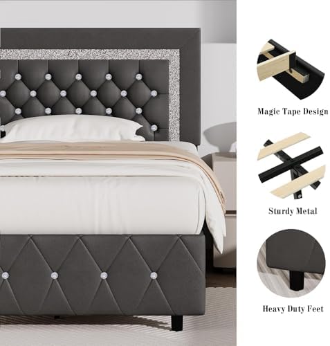BarnFurin King Bed Frame with Diamond Tufted Headboard, Gray