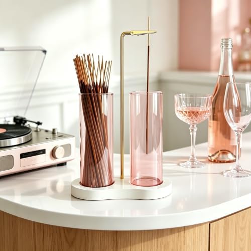 Pink Glass Incense Holder, Incense Sticks Holder Burner with Storage & Ash Catcher for Room Decor (Pink)