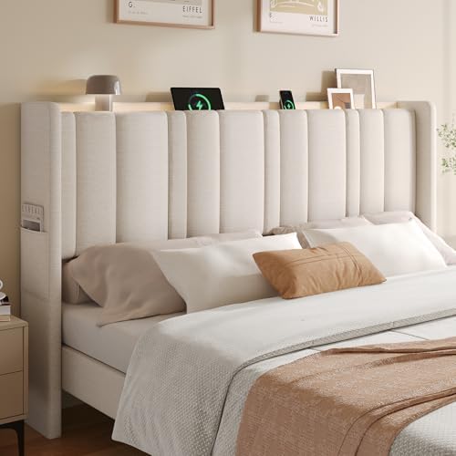 ONBRILL King Size Headboard with Storage, LED Light, Off White