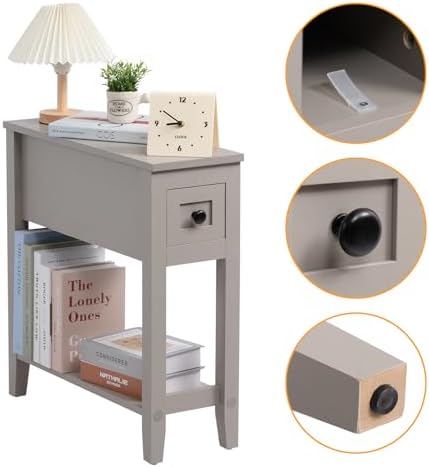Grey 2 Pack Chairside Narrow End Table with Drawer, Solid Recliner Side Table with Storage Shelf, Slim Nightstand Bedside Table for Bedroom