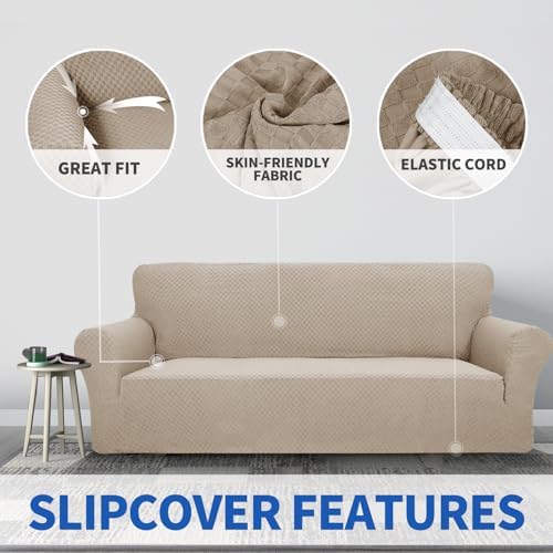 ZNSAYOTX 1 Piece Jacquard Couch Covers for 3 Cushion Couch High Stretch Sofa Cover for Pets Dogs Anti Slip Extra Large Sofa Slipcovers Furniture Protector (XL Sofa, Khaki)