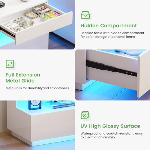HNEBC White LED Nightstand with Gun Drawers&USB-C Port&Lights for Bedroom