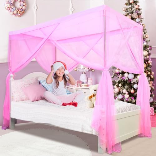 South to East Twin Canopy Bed Curtains for Girls, Pink Bed Canopy