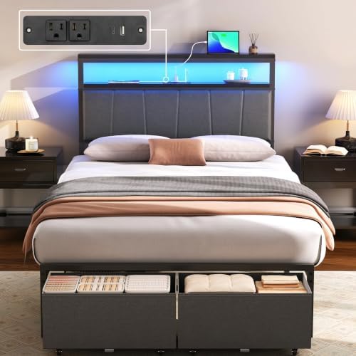 Twin Bed Frame with Storage Drawers and Charging Station, Grey