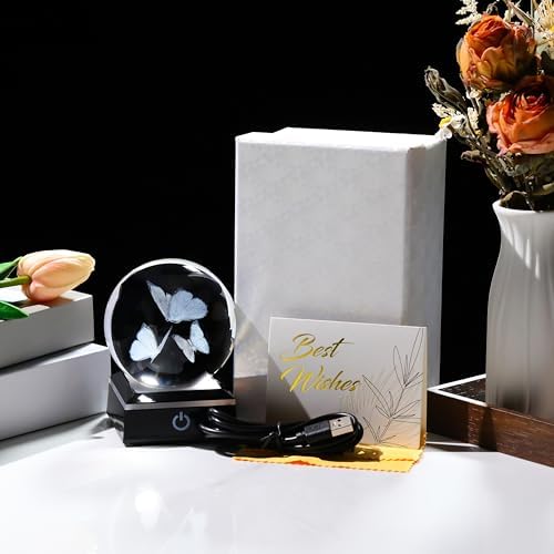 Butterfly Gifts for Women 3D Crystal Ball 3.14'' - 80mm Laser Decor Glass Animals Figurines Statue for Room Decorations Night Light