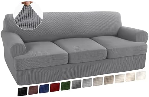 Turquoize 4 Piece T Cushion Sofa Slipcovers Stretch Couch Cover Furniture Covers with 3 Individual T Cushion Covers, Machine Washable (3 Cushion Sofa, Dove)