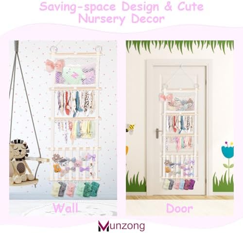 Munzong Bow Holder for Girls Hair Bows 52x17 inch, Beige Bow Clip Organizer