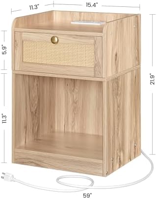 CHOEZON Nightstand with Charging Station, Side Table with Rattan-Style Drawer and Storage Shelf, Modern Rattan Night Stand with 2 USB Ports, Boho End Table Bedside Table for Bedroom, Natural MBZ01UWO