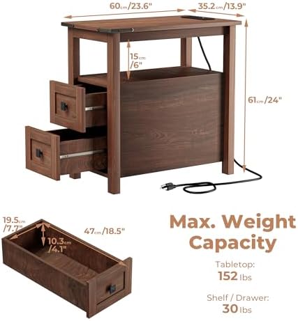 VVFLU Farmhouse End Table with Charging Station and 2 Storage Drawers, Cherry Wood Nightstand Narrow, Skinny Side Table Rustic, Slim Bedside Table, Open Shelf, Small for Bedroom, Living Room, Sofa