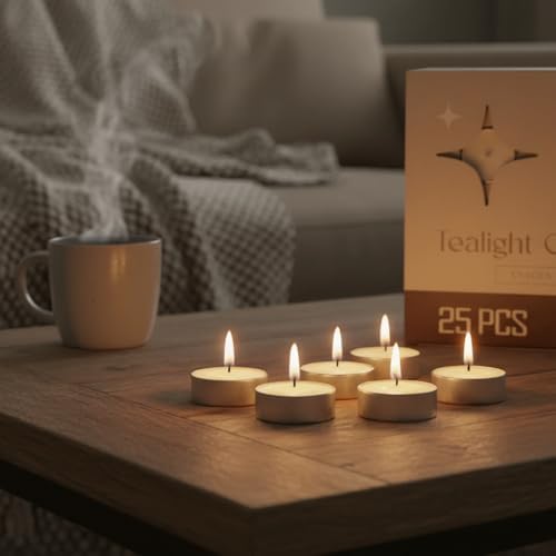 Leor & Lair Tea Lights Candles, 25 Pack, 4 Hour Long Burn Tealight Candles