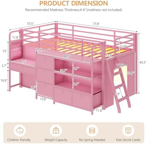 DICTAC Low Loft Bed with Desk and 6 Storage Drawers Twin Loft Bed with Bookshelf,LED Lights & Under-Bed Play Space,Twin Beds for Girls with 13.8''H Safety Guardrail,Inclined Ladder & Play Curtain,Pink