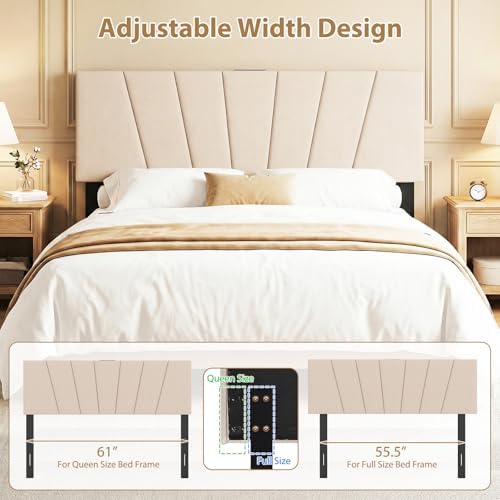 GIANTEX Headboard with Charging Station, Queen/Full Size Tufted Upholstered Head Board w/2 AC Outlets, USB & Type-C Port, Rubber Wood Legs, Width Adjustable Modern Bed Headboard Only (Beige)