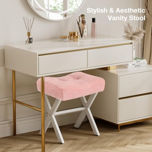 Memobarco 18-Inch Vanity Stool Chair, Pink Padded Saddle Makeup Stool