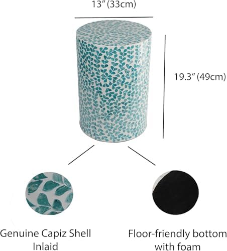 PEMAR Mother of Pearl Inlaid Cylinder Drum End Table Nacre Capiz Shell Side Table Stool Drum Accent Table Coffee Bedside Side Table Round Nightstand and Vanity Stool (Teal Floral)