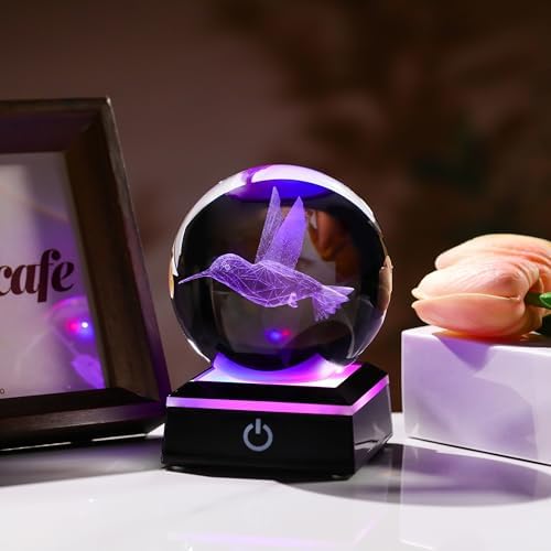 3D Crystal Ball Hummingbird Gift - 3.14'' 80mm Laser Decor Glass Animal Figurine Statue for Room Decorations With Night Light